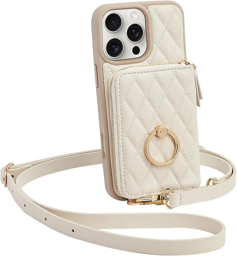 ZVE for iPhone 16 Pro Case Wallet for Women, Crossbody Case with Wrist Strap Protective Leather Lanyard Case with Ring Holder Flip Cover 6.3 Inch-Beige - Image 1